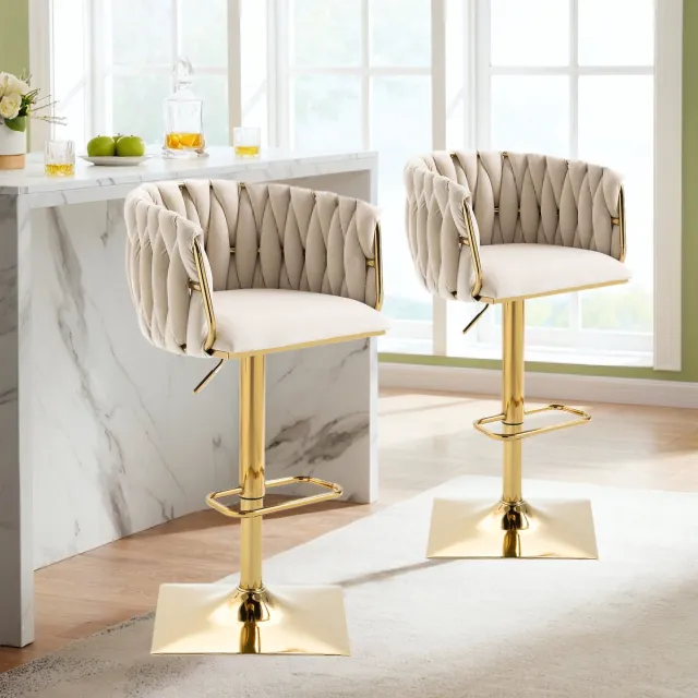 MIVRAY Barstoel 53 x 51 x 87-105 cm - Draaibaar En Verstelbaar - Voor Keukeneiland En Bar - Fluweel Ivoor Beige