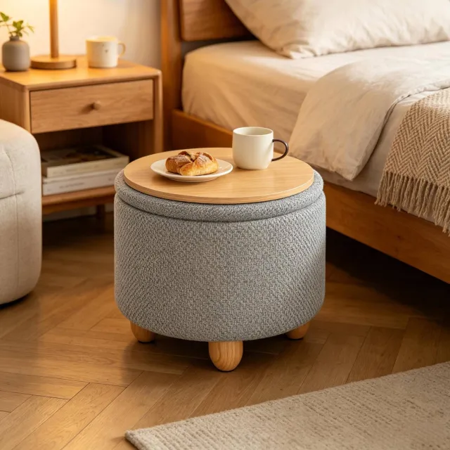 MEUNIQ ronde opbergpoef 39 x 33 cm, lichtgrijs, met uitneembaar deksel, houten blad en linnen bekleding, voetenbank en bijzettafel voor de woonkamer