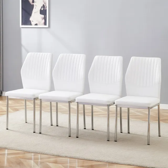 Wishdor Set van 4 Eetkamerstoelen en Keukenstoelen met Comfortabele Rugleuning - Verticale Stiksels - Metaal & Kunstleer - Wit & Zilver - Zithoogte 48 cm Wit + Zilver