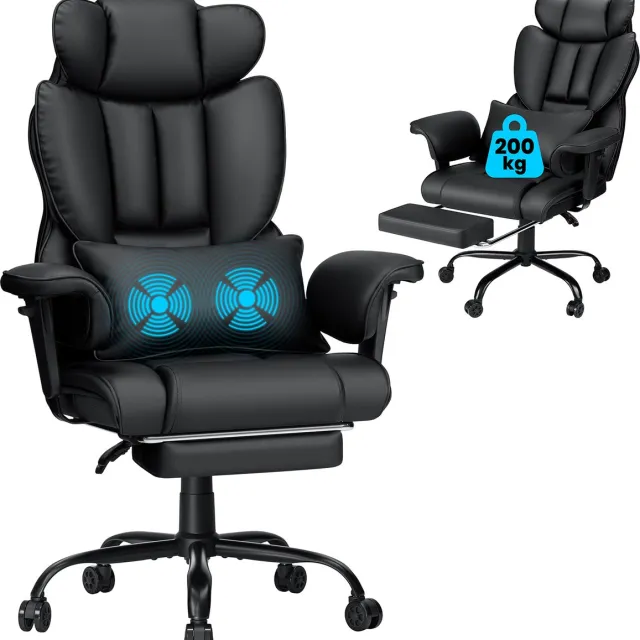 Hoffree XXL Ergonomische Leren Bureaustoel Upgrade met Voetensteun en Massage, Hoge Draaibare Stoel met Verstelbare Hoofd- en Armleuningen, 165° Kantelbaar, tot 200 kg, Zwart Zwart + Massage