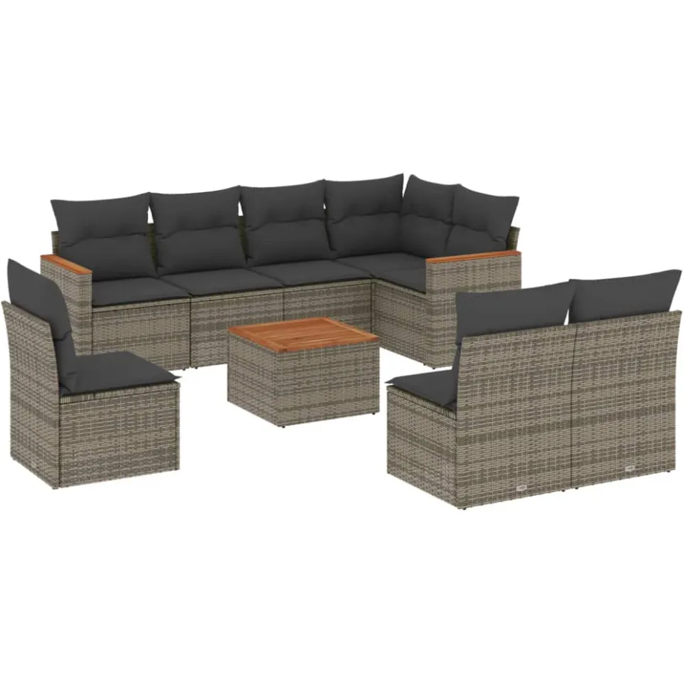 vidaXL 9-delige Loungeset met kussens poly rattan grijs, foto 3