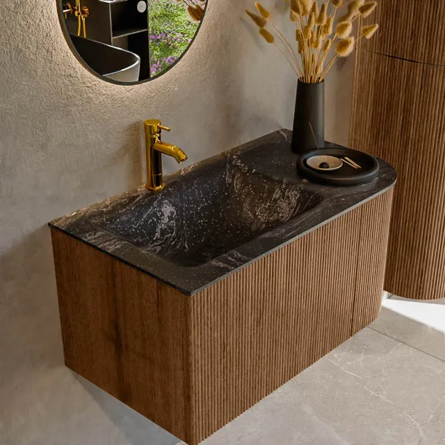 Mondiaz KURVE-DLUX 85 cm Onderkast Greeploos 1 Lade Met Deuren Walnut, Wastafel Solid Surface Links Lava 0 Kraangaten Zonder Spiegel (KRVCLO85R1L1D0KL-Wal/Lav)