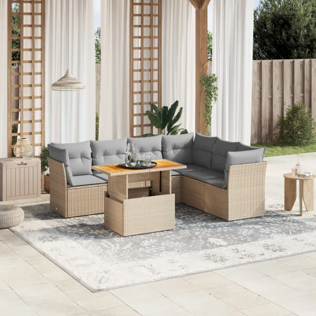 vidaXL 7-delige Loungeset met kussens poly rattan beige, foto 2