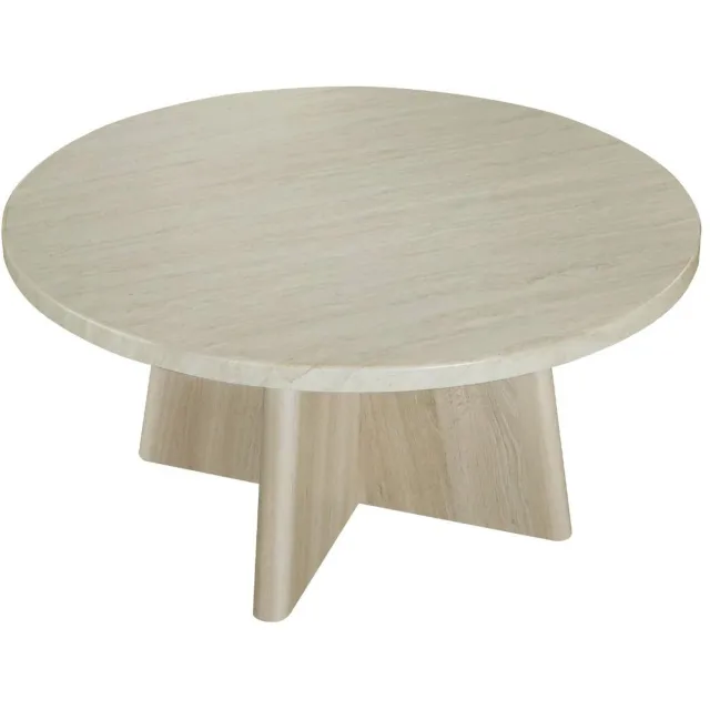CaliCosy Ronde salontafel met blad in travertijndecor en poten in eikenhoutlook D80 cm - AGATE Beige