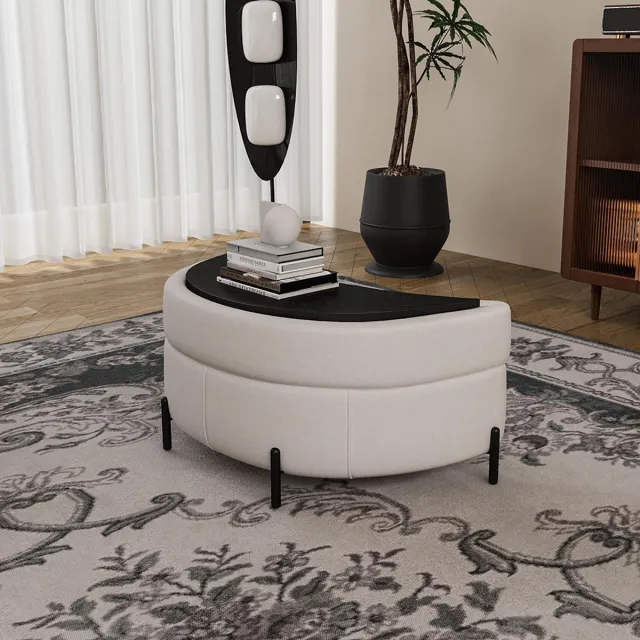 KOMHTOM BLACKCOLORS Halvemaanvormige opbergpoef bekleed met chenille met blad, te gebruiken als bijzettafel, gestoffeerde zitplaats, kruk om je aan te kleden of je schoenen aan te trekken, en als voetensteun voor de woonkamer, de hal en de gang, beige