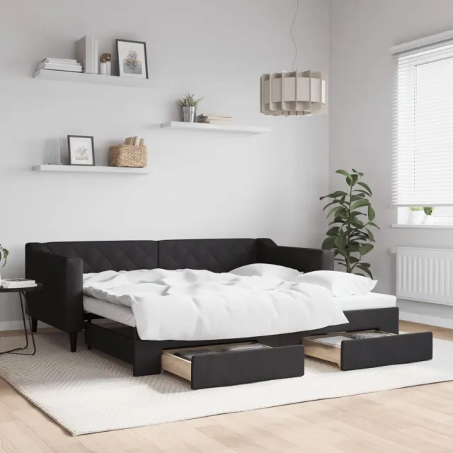 vidaXL Slaapbank met onderschuifbed en lades 90x190 cm stof zwart