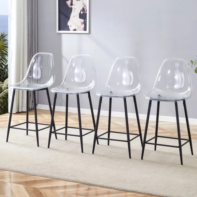 DESMIU Barkruk - Set van 4 - Transparant Met Rugleuning En Voetsteun - Voor Keuken, Bar En Eetkamer - Kunststof En Metaal - Zwart