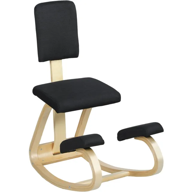 MUVANO Ergonomische kniestoel met rugleuning - Berkenhouten frame - Gevoerde kniesteunen - 51 x 84 x 93 cm - Schommelbasis - Voor thuiskantoor en studeerkamer zwart