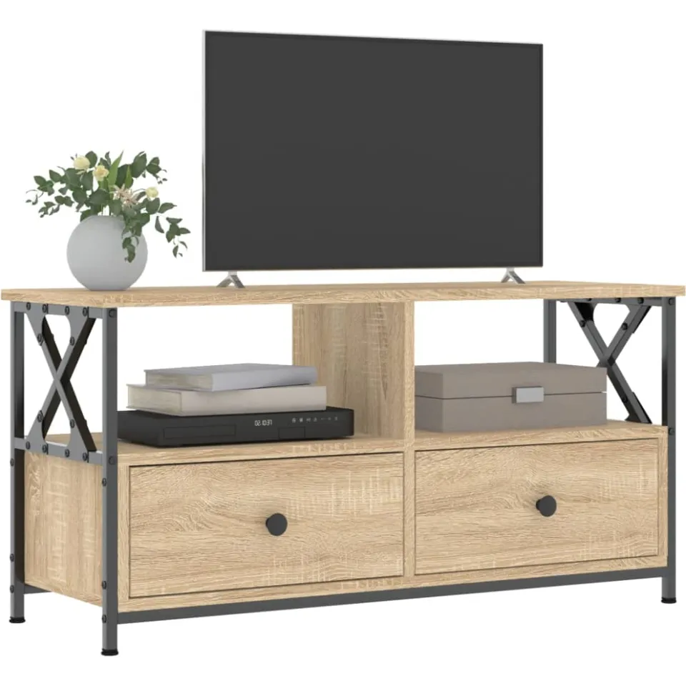 vidaXL Tv-meubel 90x33x45 cm bewerkt hout en ijzer sonoma eikenkleur Bruin