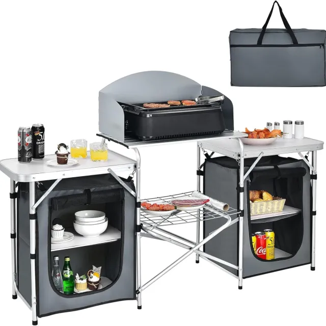Costway Campingkeuken, inklapbaar, reiskeuken, campingkast, keukenbox, tentkast, aluminium met draagtas Grijs