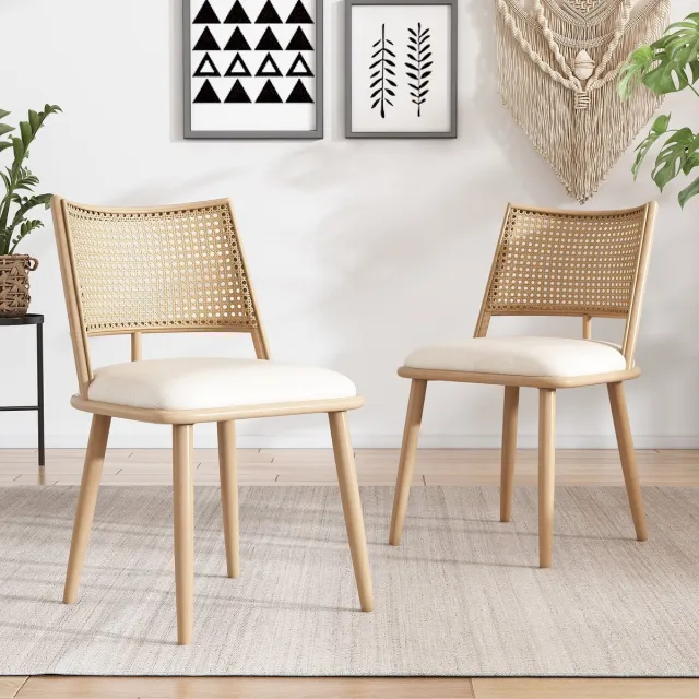 MUVANO Eetkamerstoelen set van 2 - Beige rotan stoelen - Stoelen met PU zitting - Metalen frame - 6,9 kg - Zitcomfort - Eetkamer Beige