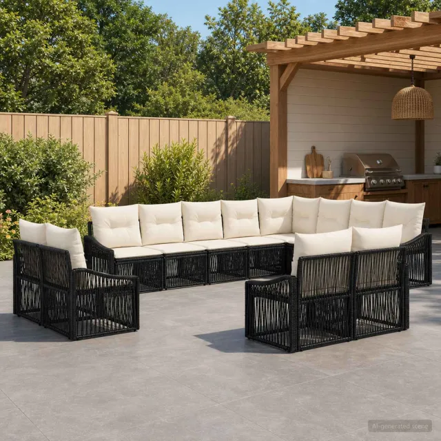 vidaXL Tuinbankenset 12 st 12-zits Zwart poly rattan, foto 2