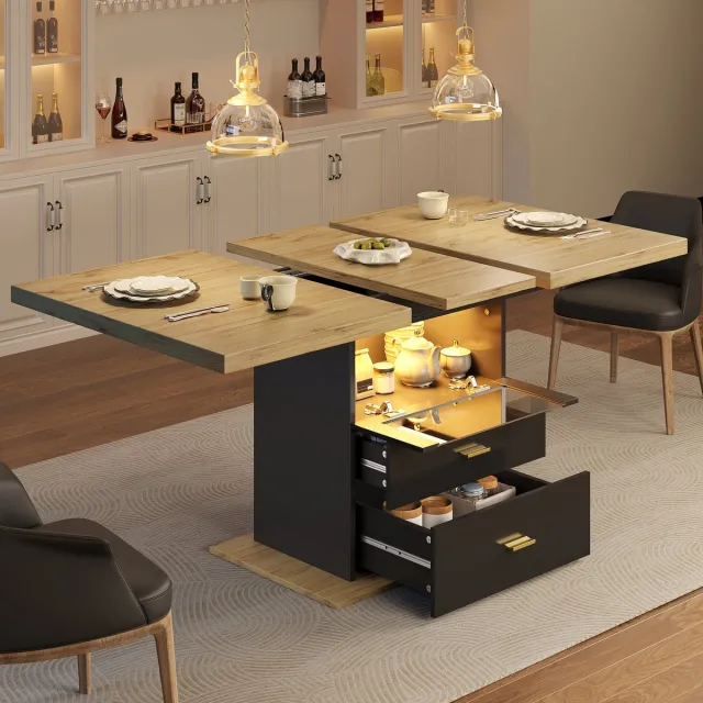 MIVRAY Eettafel - Uitschuifbaar Met Ledverlichting En 2 Laden - Voor Keuken En Woonkamer - Houtlook Zwart - 110-140x80x75 Cm