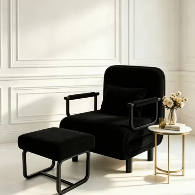 Velourra Fluwelen fauteuil met poef - Metalen frame - Zwart