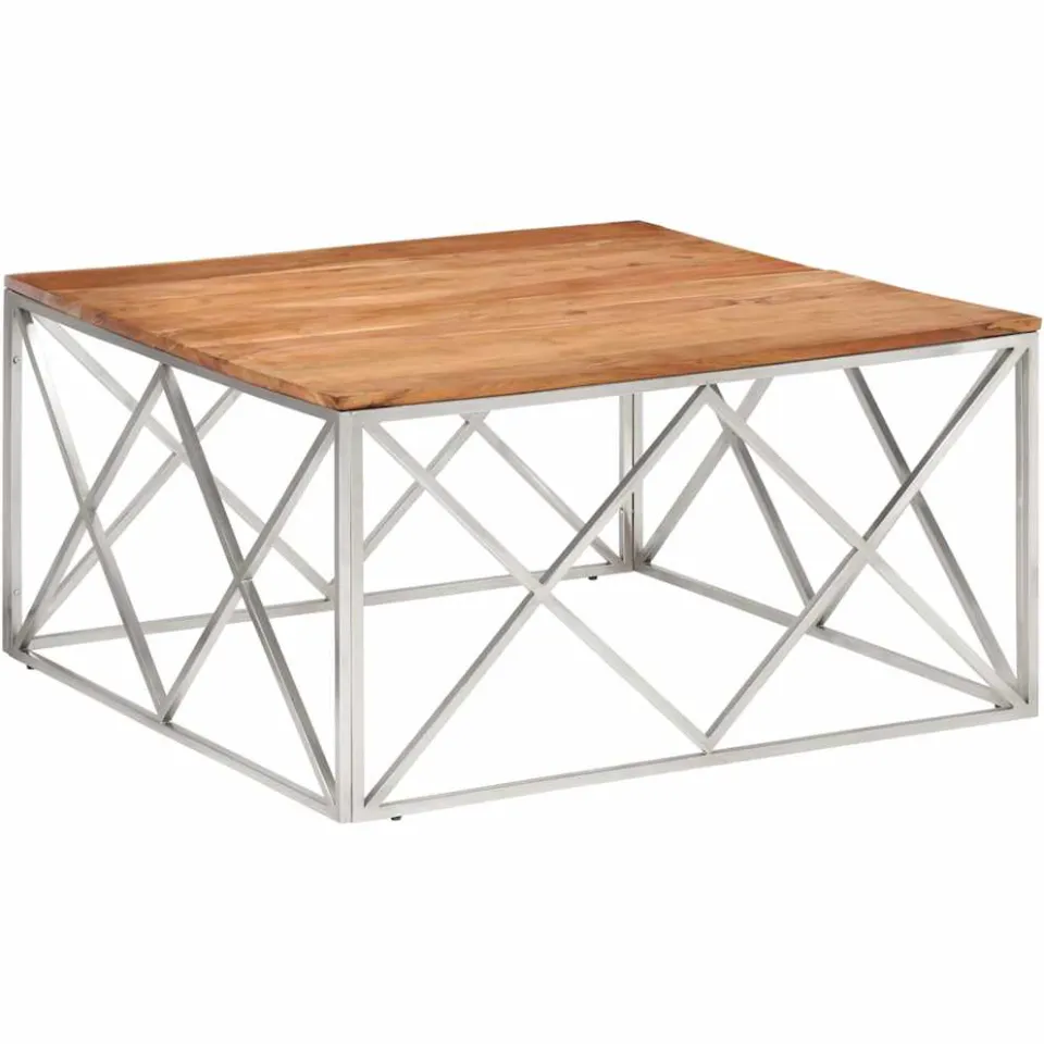 vidaXL Salontafel roestvrij staal en massief acaciahout zilverkleurig, foto 3