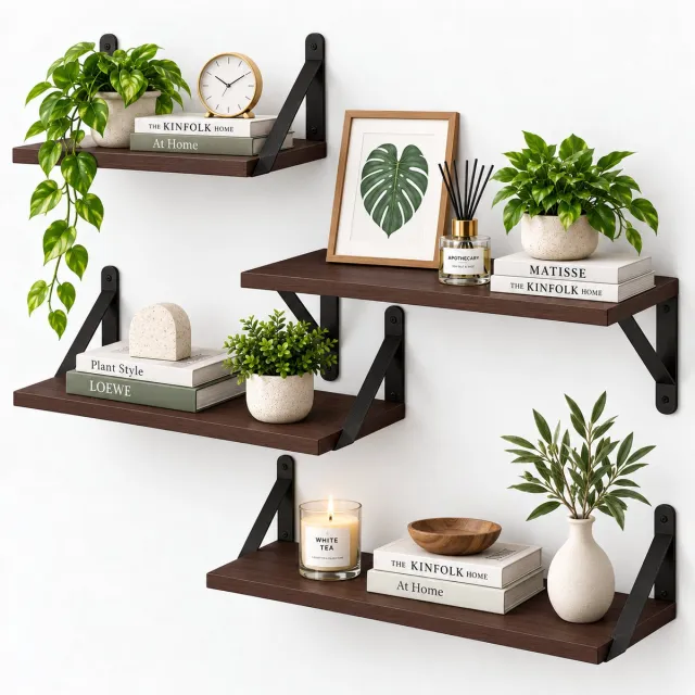 BOTC Zwevende Wandplank - 4 Laags - Boekenplanken - Industrieel - Hout - Bruin