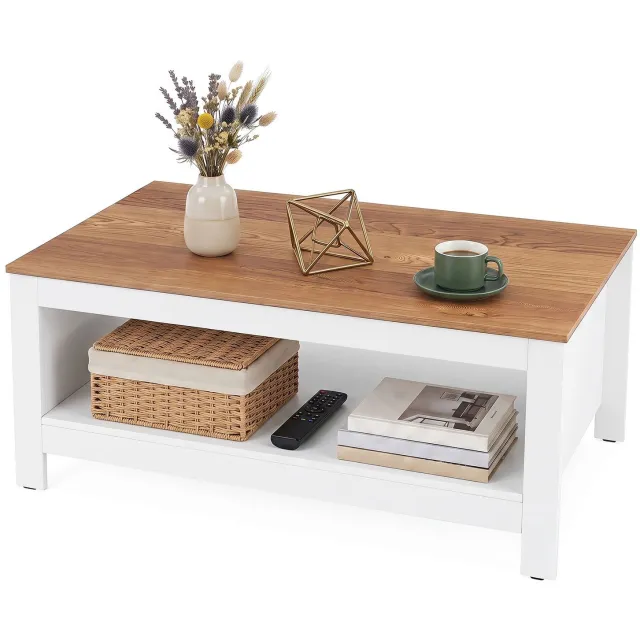 Suredeal Salontafel - Opbergruimte Laags Woonkamer - 105x60x46 cm - Wit en Naturel