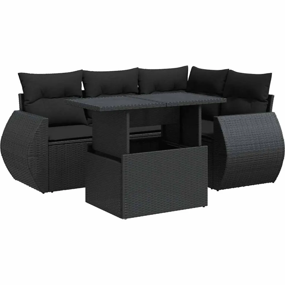 vidaXL 5-delige Loungeset met kussens poly rattan zwart, foto 3