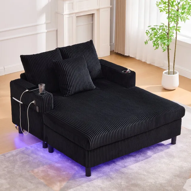 MODENUIT Chaise Longue 142 x 128 cm - Met Ledverlichting, Usb en Bekerhouder - Voor Woonkamer en Slaapkamer - Ribfluweel Zwart