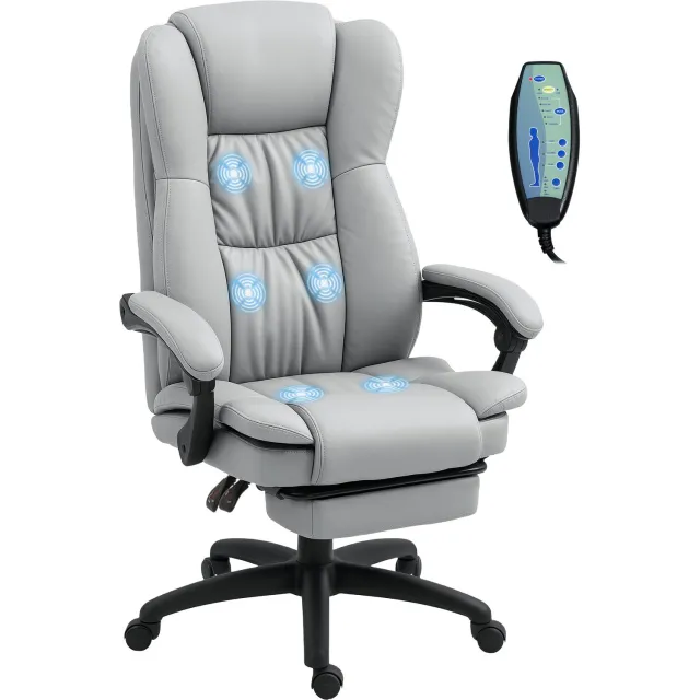 Lunpog Bureaustoel metVoetensteun, hoofdsteun, massagefunctie - draagvermogen 120 kg - 68,5x68,5x113-121cm Lichtgrijs