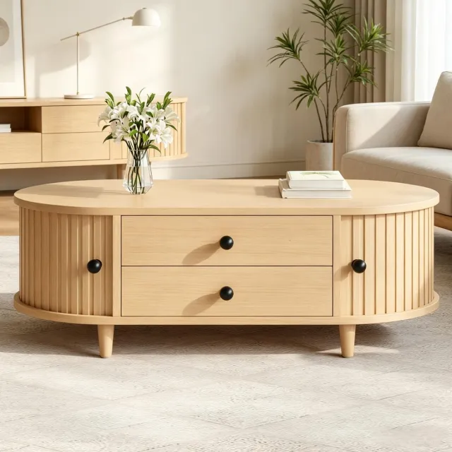 FloraGrace Salontafel - Met Roldeuren En 2 Laden - Voor Woonkamer - MDF En Massief Hout - 100x50x36 Cm - Naturel Zwart