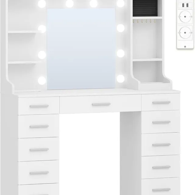 HILINSIE Kaptafel - Make Up Tafel - Kaptafel met Spiegel en Verlichting - Grote Kaptafel met Verstelbare LED-Lamp - met Stopcontacten - Inclusief Ringenopbergruimte - Wit - 40 × 108 × 145 cm