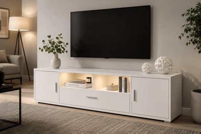 Parasha Nova TV meubel - Een moderne tv-kast met LED-verlichting, Geschikt voor tv's tot 70 inch - Voorzien van één lade en twee kastdeuren. Wit