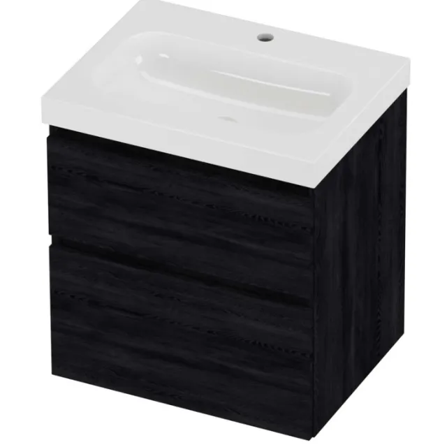 Proline Haga Badmeubelset Polystone Mezza 1 Kraangat Asymmetrisch 60x46x66 cm Glans Wit Black Oak