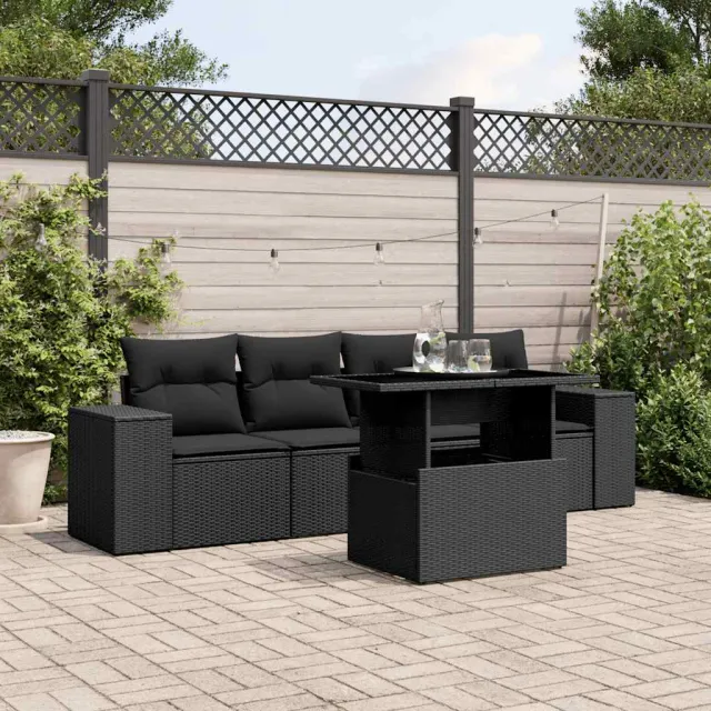 vidaXL 5-delige Loungeset met kussens poly rattan zwart, foto 2
