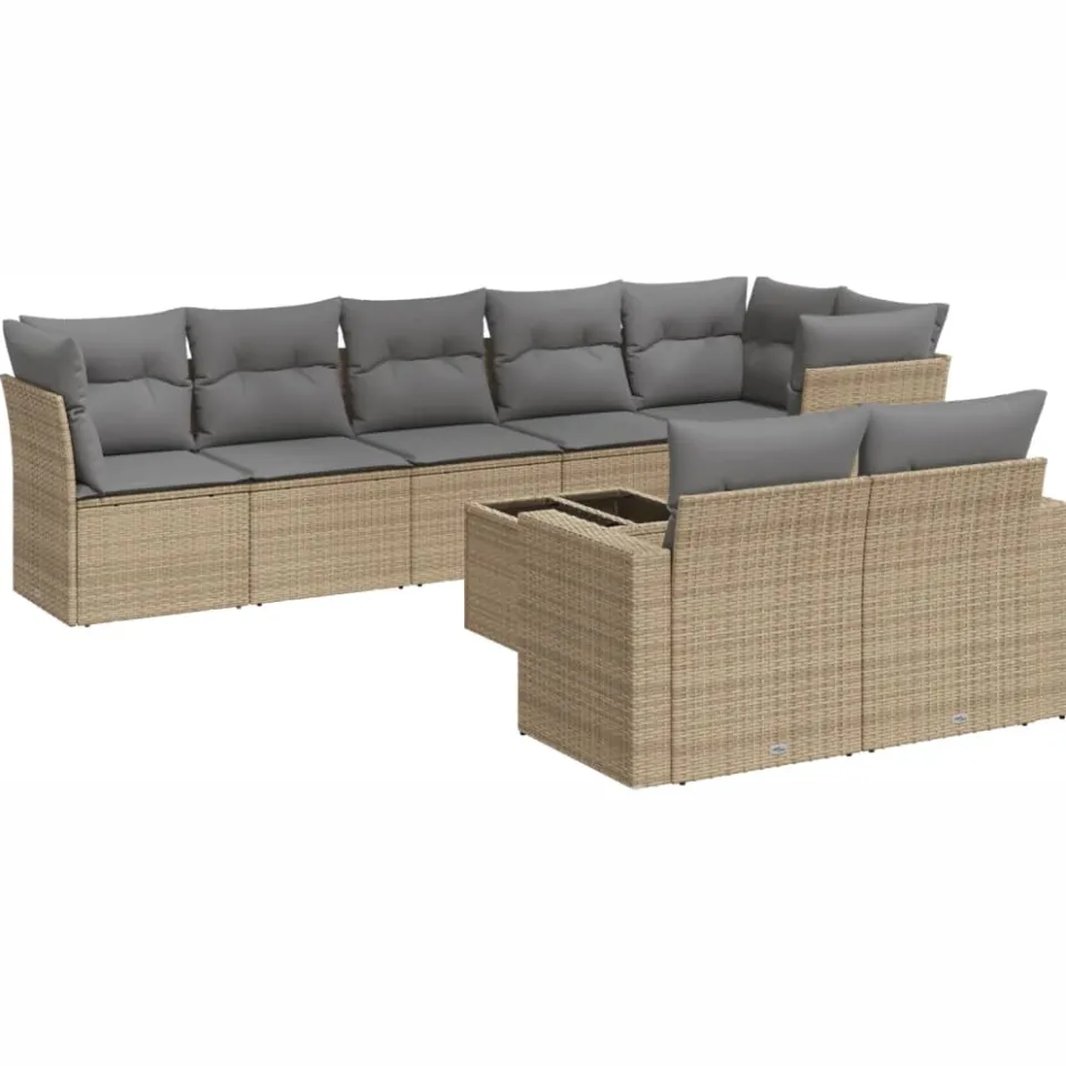 vidaXL 9-delige Loungeset met kussens poly rattan beige
