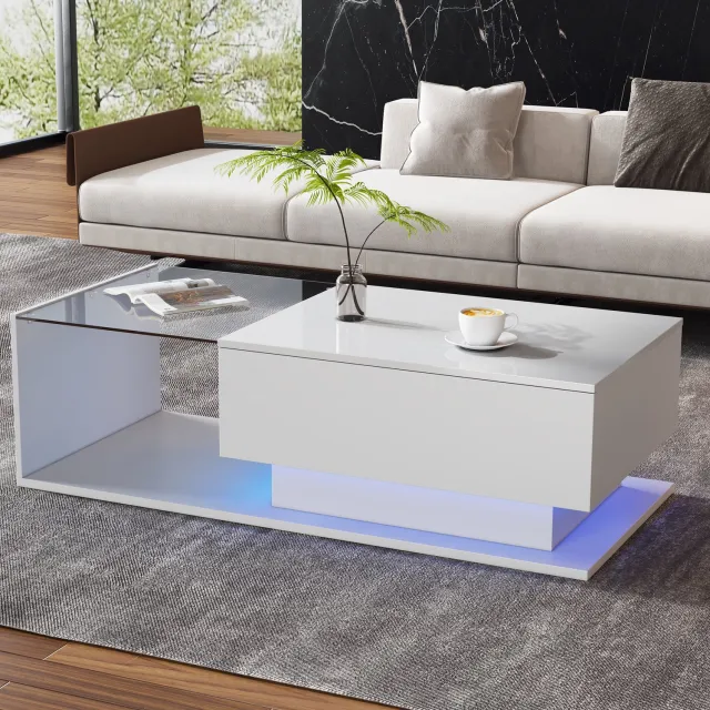 Maisentiel Salontafel 100 x 50 x 32 cm met LED, glazen bladdeel en lade - wit hoogglans