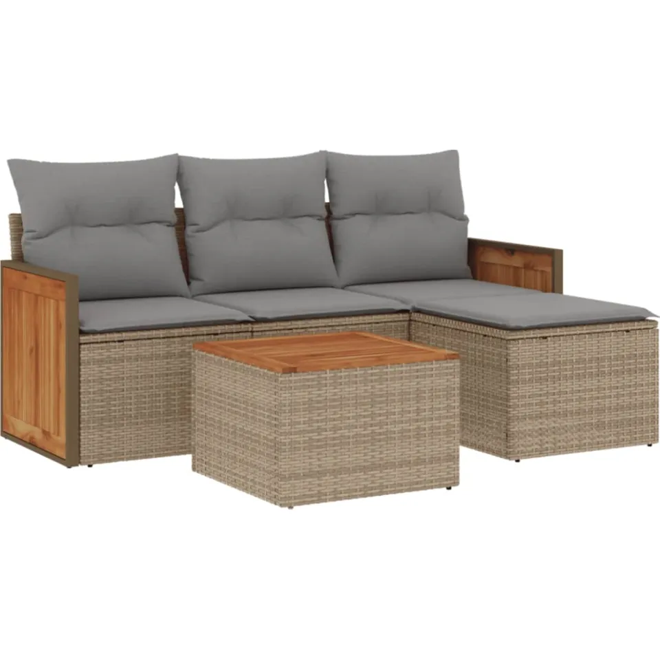 vidaXL 5-delige Loungeset met kussens poly rattan beige, foto 3
