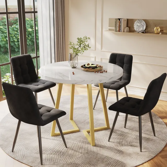 Vovtenza eetkamerset set van 5 - 80cm rond eettafel met 4 stoelen - Wit MDF - goud metalen poten - 46x44x86cm zwart fluwelen eetkamerstoel