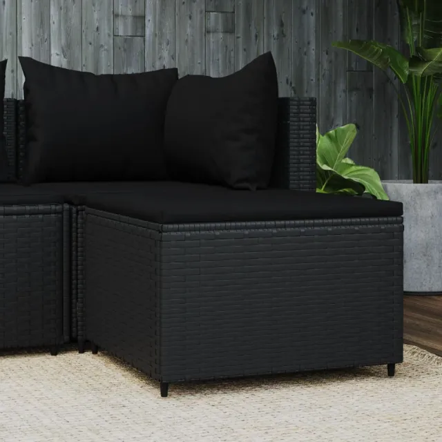 vidaXL Voetensteun met kussen poly rattan zwart, foto 2