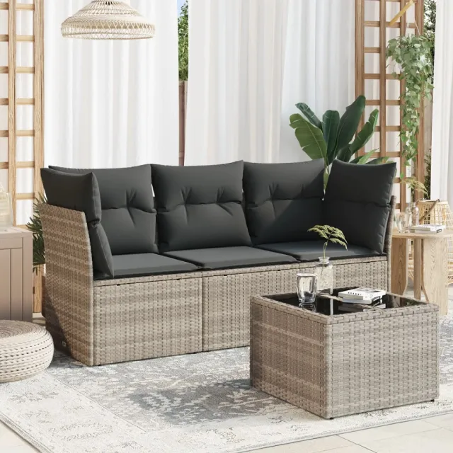vidaXL 4-delige Loungeset met kussens poly rattan lichtgrijs grijs, foto 2