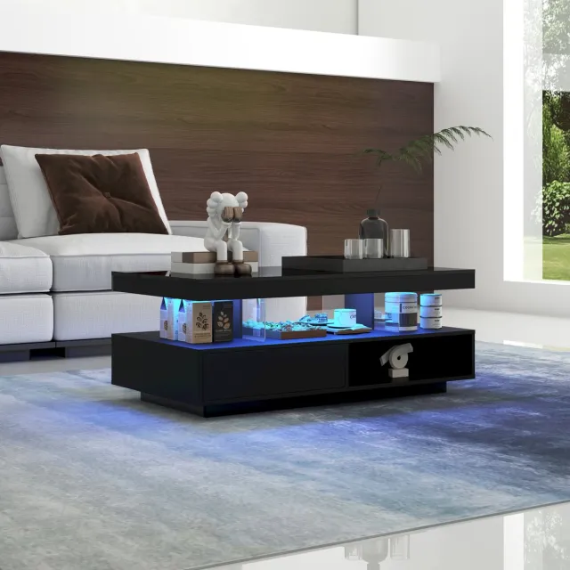 HAUSS SPOLE Salontafel - Hoogglans Met Ledverlichting En 2 Lades - Voor Woonkamer Met 2 Open Vakken - Spaanplaat - 95x50x42,5 Cm - Zwart