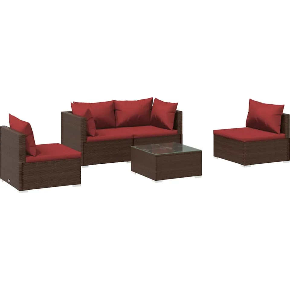 vidaXL 5-delige Loungeset met kussens poly rattan bruin, foto 4