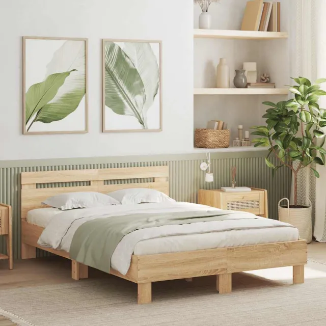 vidaXL Bedframe met hoofdeinde bewerkt hout sonoma eiken 135x190 cm Bruin