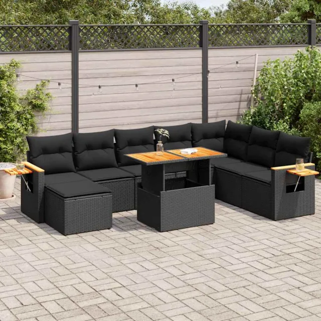 vidaXL 9-delige Loungeset met kussens poly rattan acacia zwart, foto 2