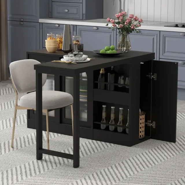 STILVORA Bartafel 121,5 Cm – Uitschuifbaar Met 360 Graden Draaiplateau – Met Opbergruimte En Glazen Schuifdeuren – Zonder Matras – Modern – Zwart