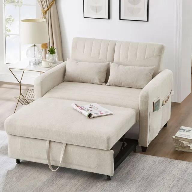KOMHTOM BLACKCOLORS [Slaapbank met slaapfunctie] Tweepersoons slaapbank, uitschuifbaar ontwerp, eenvoudig en modern, eigentijdse stijl, rugleuning verstelbaar in drie standen, ademende katoen- en linnenstof Beige