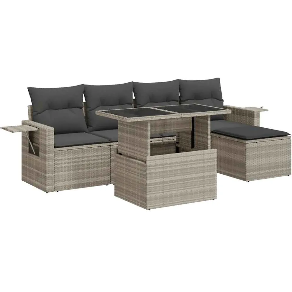 vidaXL 6-delige Loungeset met kussens poly rattan lichtgrijs grijs, foto 3