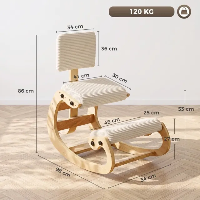 DESMIU Bureaustoel 98 x 54 x 86 cm - Ergonomische Knieststoel Met Rugleuning - Voor Thuis Kantoor En Meditatie - Ribstof Hout Crèmewit