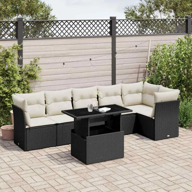 vidaXL 7-delige Loungeset met kussens poly rattan zwart, foto 2