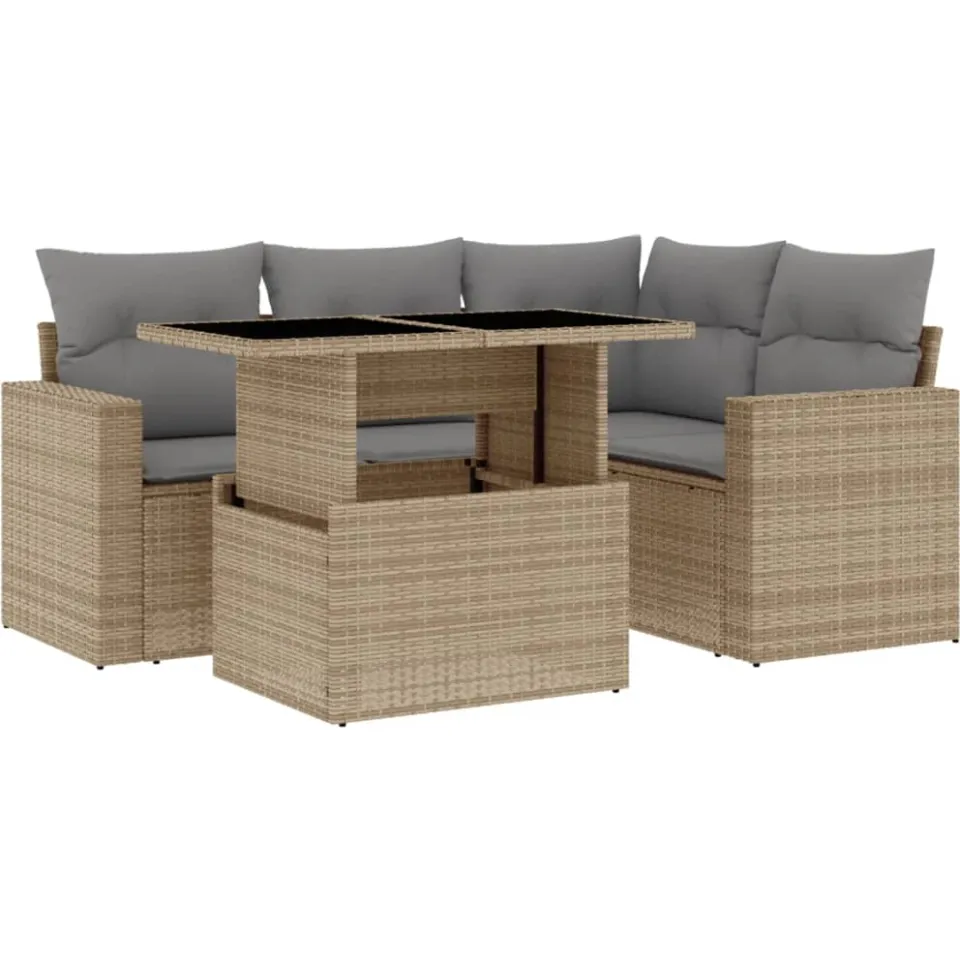 vidaXL 5-delige Loungeset met kussens poly rattan beige, foto 3