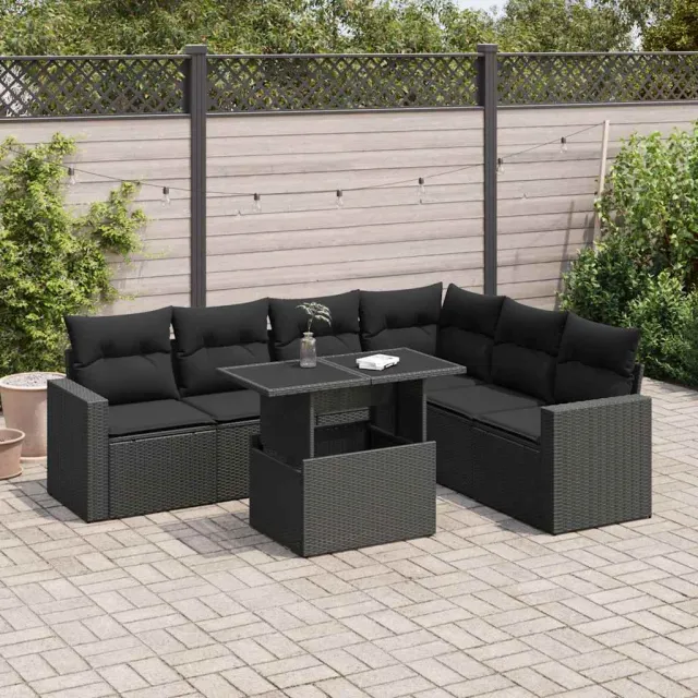 vidaXL 7-delige Loungeset met kussens poly rattan zwart, foto 2