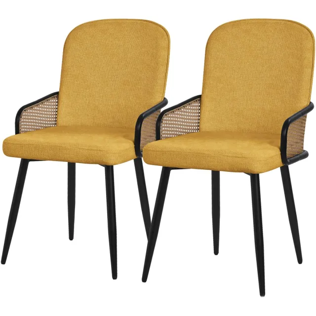 ml-design eetkamerstoelen set van 2 mosterd gestoffeerde keukenstoelen met armleuningen en rugleuning rotanlook comfortabele ergonomische stoffen eetkamer fauteuils met metalen poten luxe lounge accentstoelen voor eettafel en woonkamer