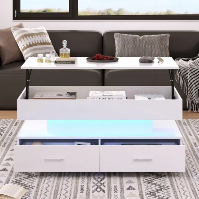 Clruro 100*50*44cm hydraulisch in hoogte verstelbare salontafel, met LED-verlichting, Bluetooth APP-bediening, 2 lades en open opbergruimte, witte hefbare salontafel zuiver Wit