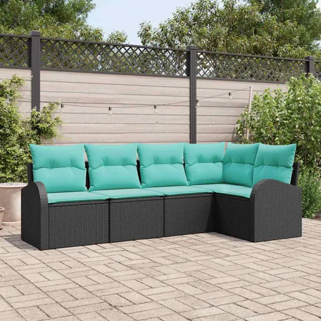 vidaXL Tuinbankenset 5 st Zwart en Turquoise poly rattan