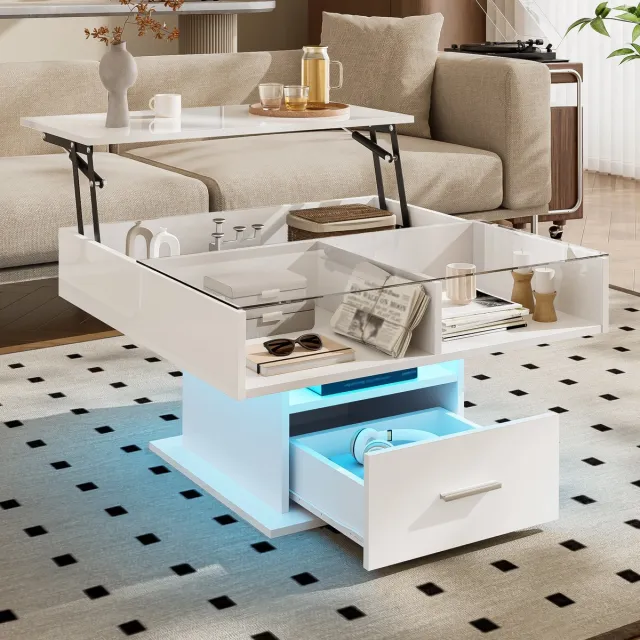 REDOM Multifunctionele hoogglans lift-salontafel met LED, verstelbaar tot 59,5 cm, opbergruimte, wit